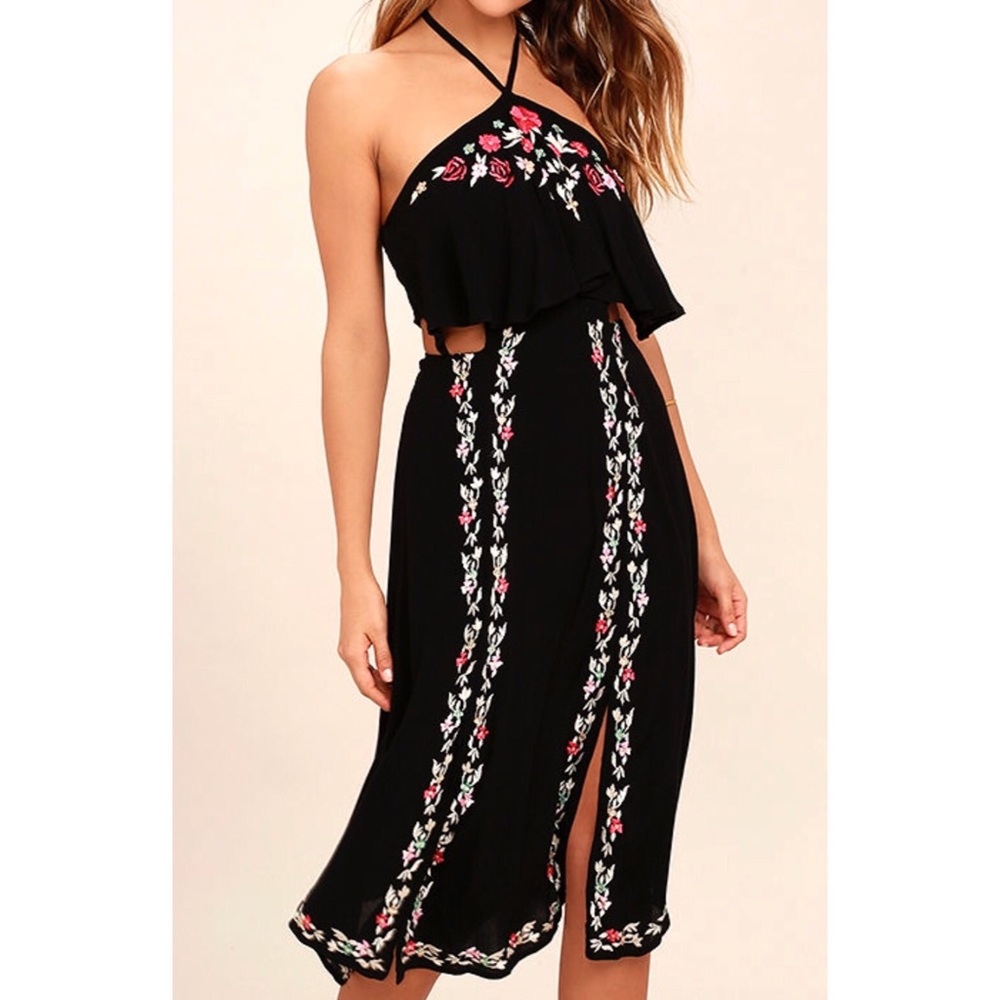 RAHICALI BONFIRE BLACK EMBROIDERED MIDI DRESS